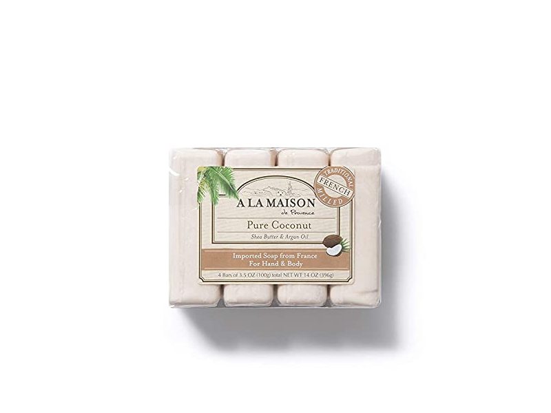 A La Maison de Provence Bar Soap, Pure Coconut, 3.5 oz/100 g, Pack Of 4