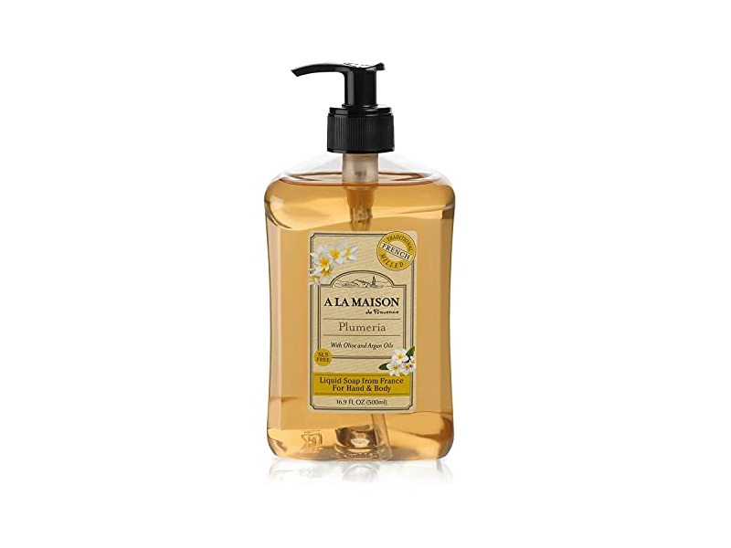 A La Maison De Provence Plumeria Hand & Body Liquid Soap, Olive & Argan Oils, 16.9 fl oz/500 mL