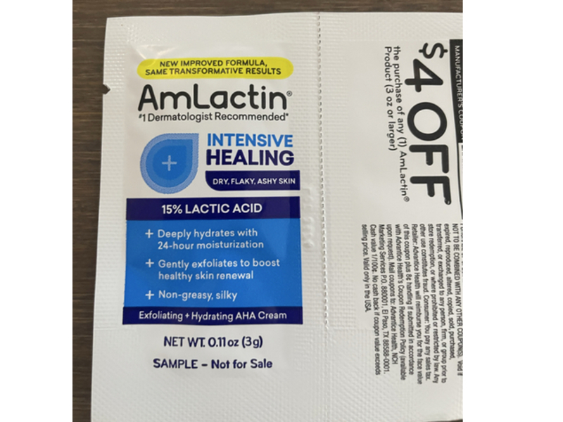 AmLactin Intensive Healing Exfoliating + Hydrating Aha Cream, 15% Lactic Acid, 0.11 oz/3 g