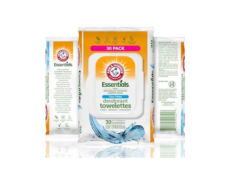 Arm & Hammer Essentials Deodorant Towelettes, Clean Water, 30 Count