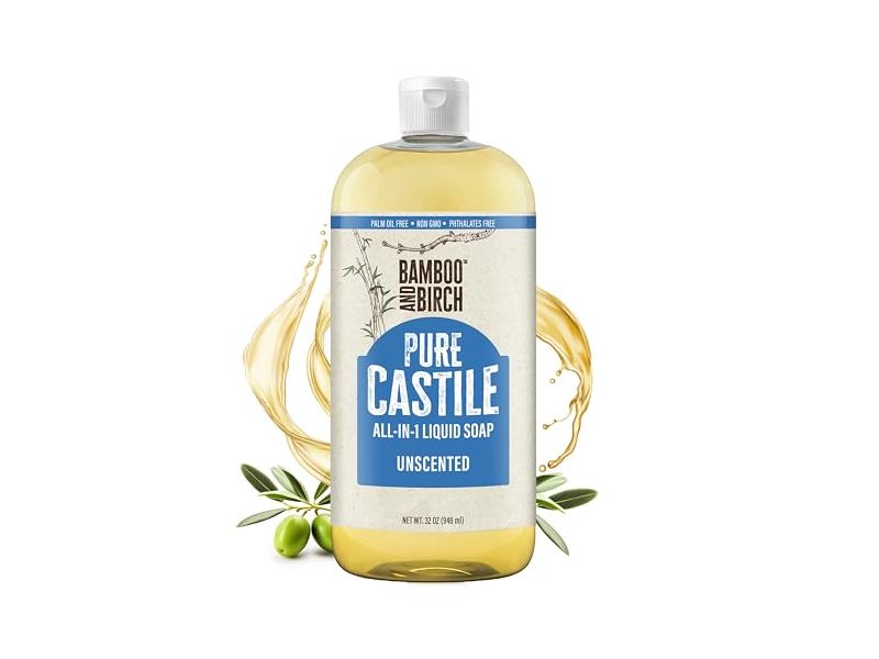 Bamboo And Birch Pure Castile All-In-1 Liquid Soap, Unscented, 32 oz/946 mL