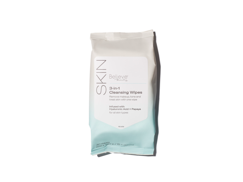 Beliveve Beauty 3- in-1 Cleansing Wipes, Hyaluronic Acid + Papaya, 30 Count