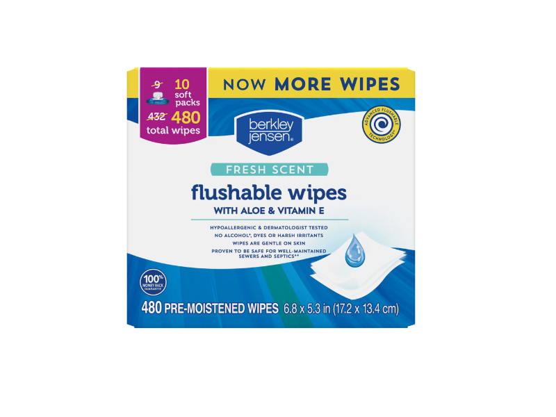 Berkley Jensen Flushable Wipes, Aloe & Vitamin E, Fresh Scent, 480 Count