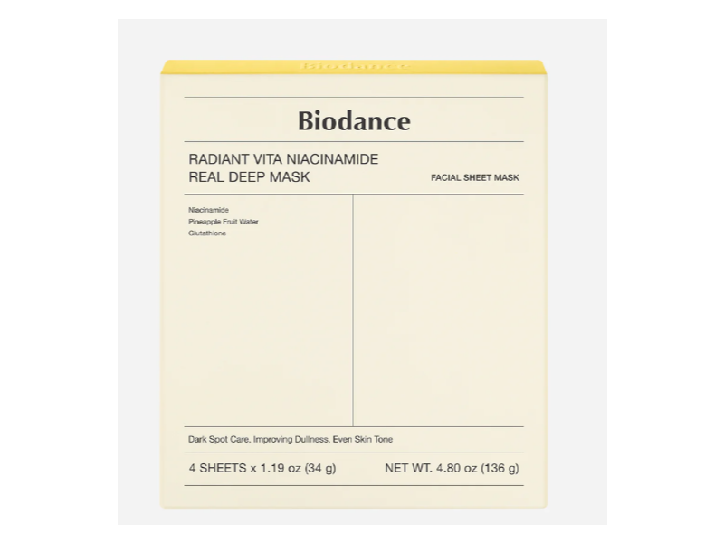 Biodance Radiant Vita Niacinamide Real Deep Facial Mask, 4.80 oz/136 g, 4 Count