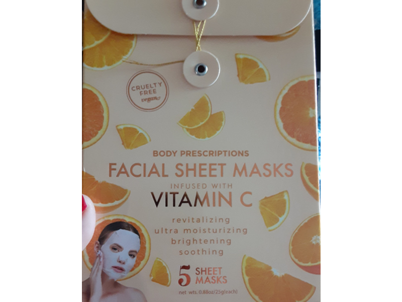 Body Prescriptions Facial Sheet Masks, Vitamin C, 5 Sheets Mask, 0.88 oz/25 g
