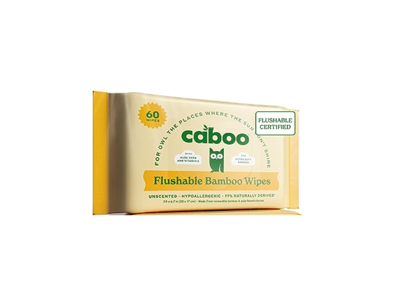 Caboo Flushable Bamboo Wipes, Aloe Vera & Vitamin E, 60 Count, Pack Of 3