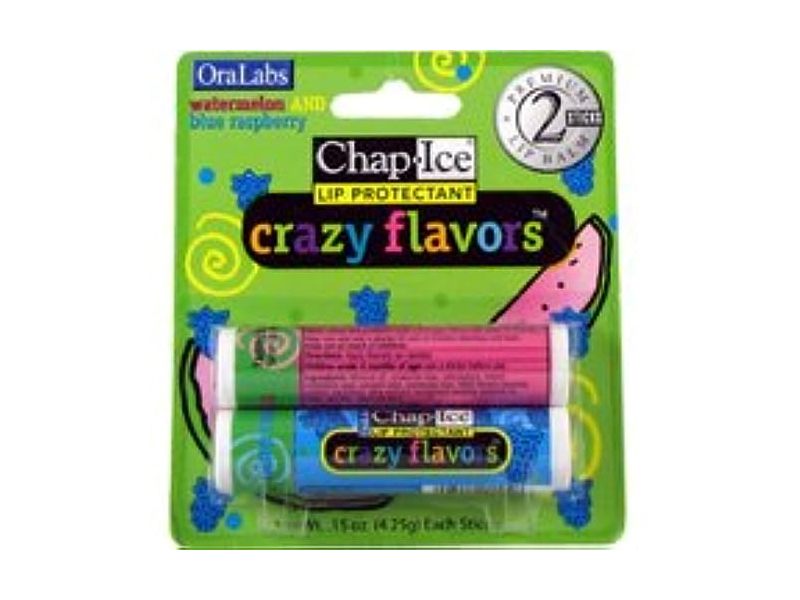 Chap Ice Crazy Lip Balm, Watermelon & Blue Raspberry, 0.28 oz/8 g, Pack Of 2
