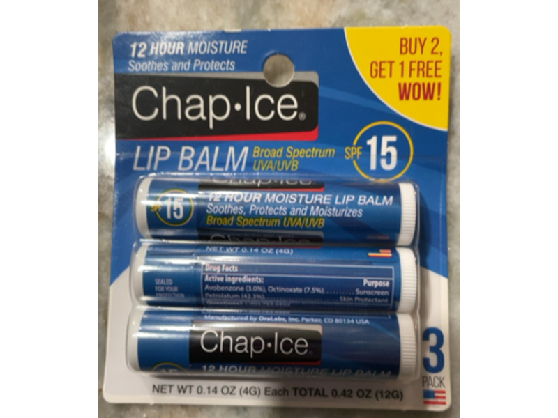 Chap-Ice Lip Balm, SPF 15, 0.14 oz/4 g, Pack Of 3
