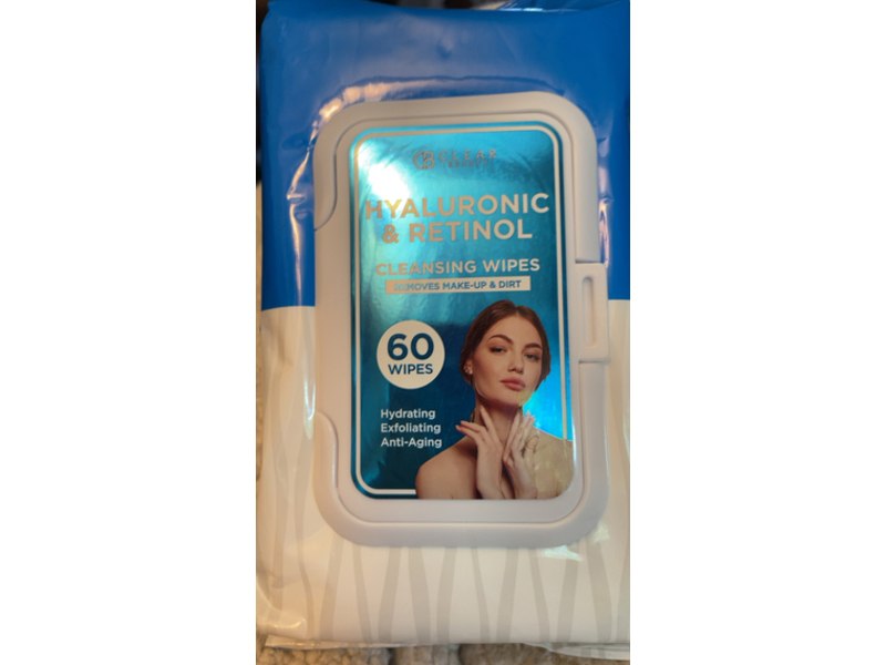 Clear Beauty Cleansing Wipes, Hyaluronic & Retinol, 60 Counts