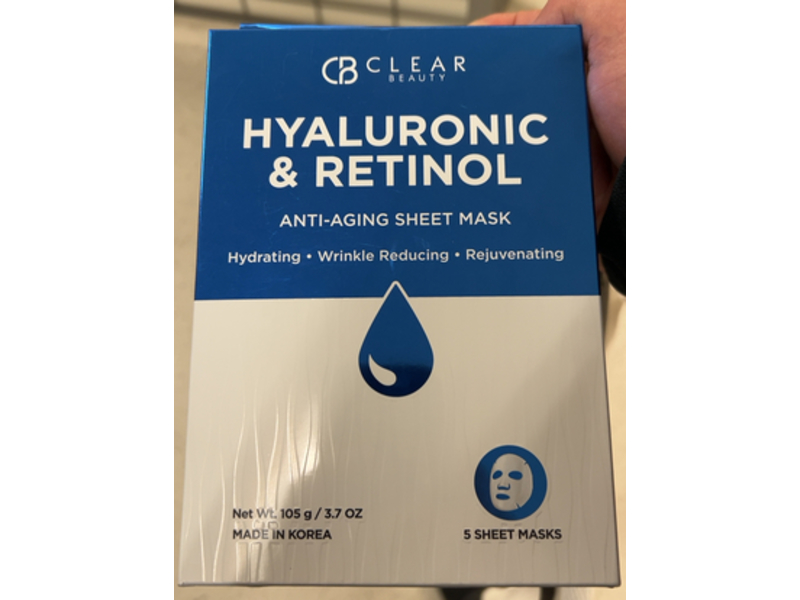 Clear Beauty Hyaluronic & Retinol Sheet Mask, 3.7 oz/105 g, Pack Of 5