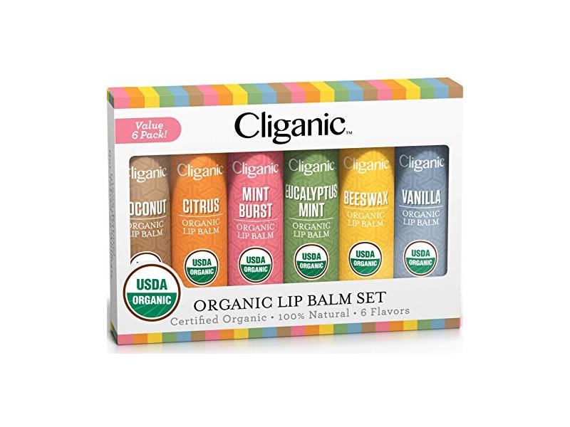Cliganic Organic Lip Balm Set, Mint Burst, Citrus, Beeswax, Eucalyptus Mint, Vanilla, Coconut, 0.15 oz/4.25 g