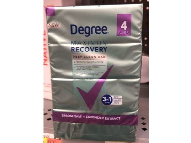 Degree Maximum Recovery 3 In 1 Deep Clean Bar, Epsom Salt + Lavender Extract, 3.75 fl oz/106 g, 4 Bars