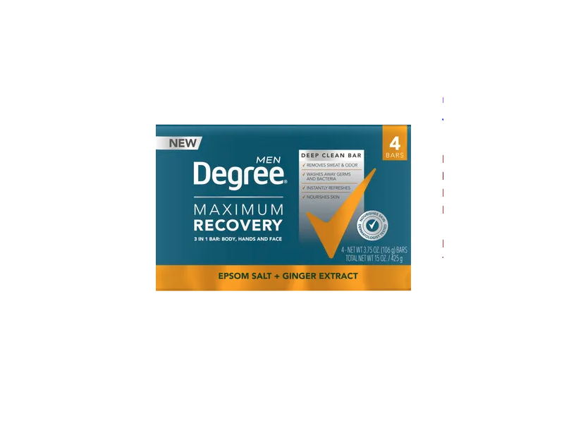 Degree Men Maximum Recovery 3 In 1 Deep Clean Bar, Epsom Salt + Ginger Extract, 4 Count