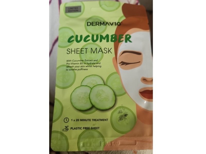 Dermav10 Sheet Mask, Cucumber, 1 Count