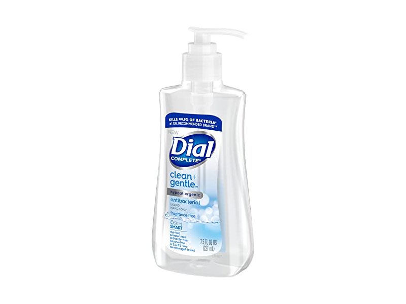Dial Complete Antibacterial Liquid Hand Soap, Clean + Gentle, Fragrance Free, 7.5 fl oz/221 mL, Pack Of 12