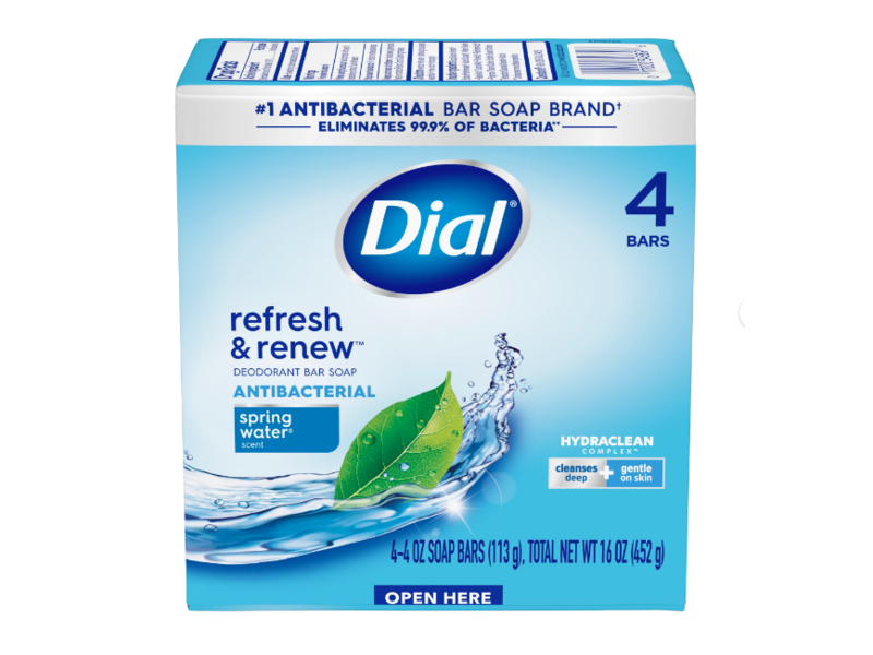 Dial Deodorant Antibacterial Bar Soap, Spring Water, 4 oz/113 g, 4 Count