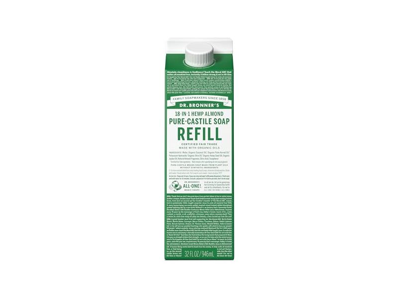 Dr. Bronner's 18 In 1 Pure Castile Liquid Soap Refill, Hemp Almond, 32 fl oz/946 mL