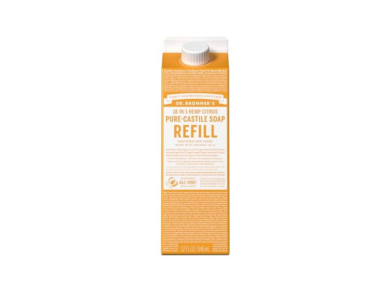 Dr. Bronner's 18 In 1 Pure Castile Liquid Soap Refill, Hemp Citrus, 32 fl oz/946 mL
