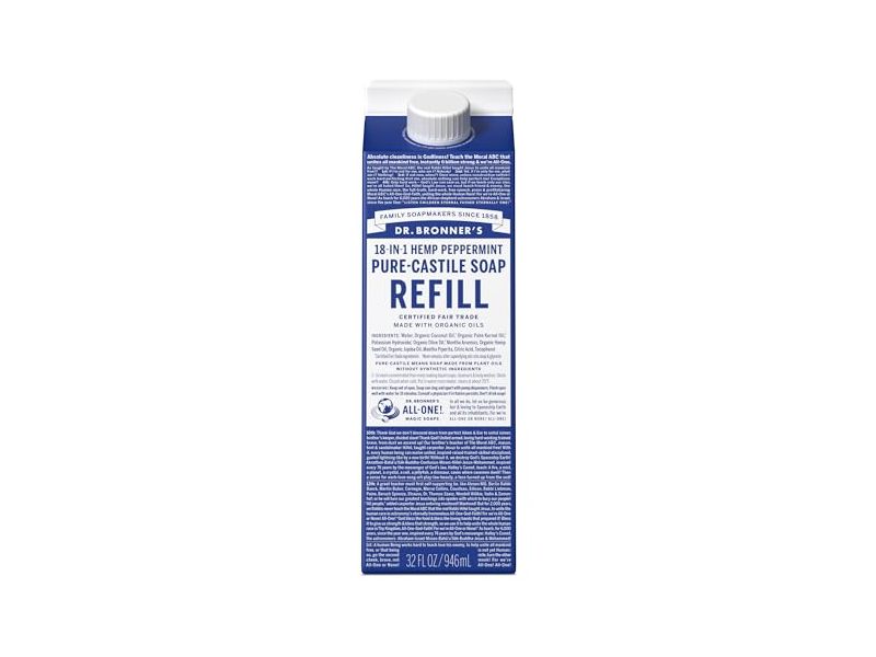 Dr. Bronner's 18 - In - 1 Pure - Castile Soap Refill, Hemp Peppermint, 32 fl oz/946 mL