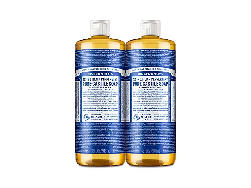Dr. Bronner's Pure-Castile Soap, Hemp Peppermint, 32 fl oz/946 mL , Pack Of 2