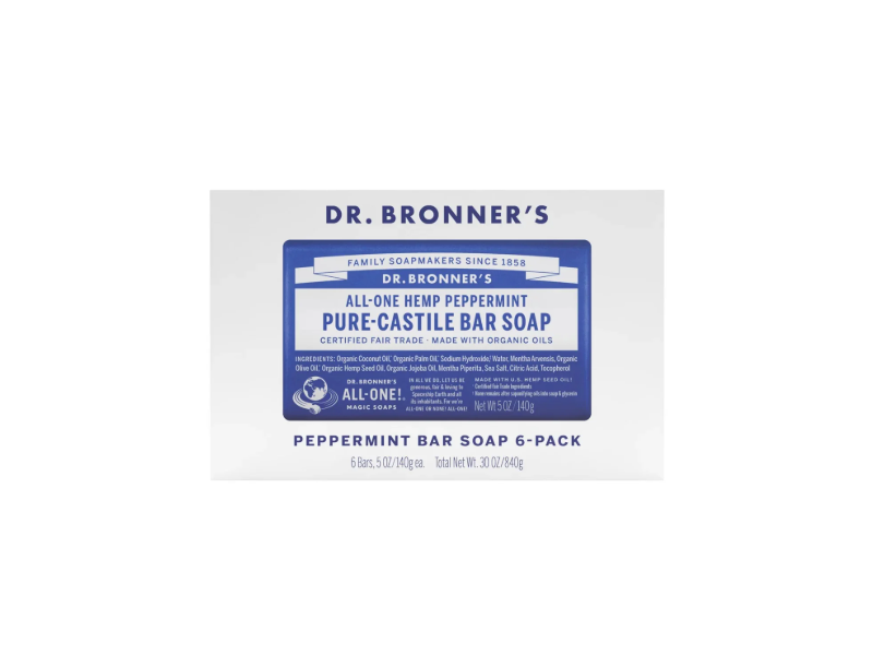 Dr Bronner's Pure Castille Bar Soap, Peppermint, 30 oz/840 g, Pack Of 6