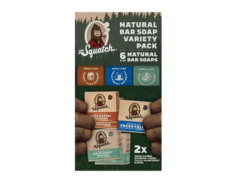 Dr. Squatch Natural Bar Soap, Wood Barrel Bourbon + Fresh Fall + Rainforest Rapids, 5 oz/141 g, Pack Of 6