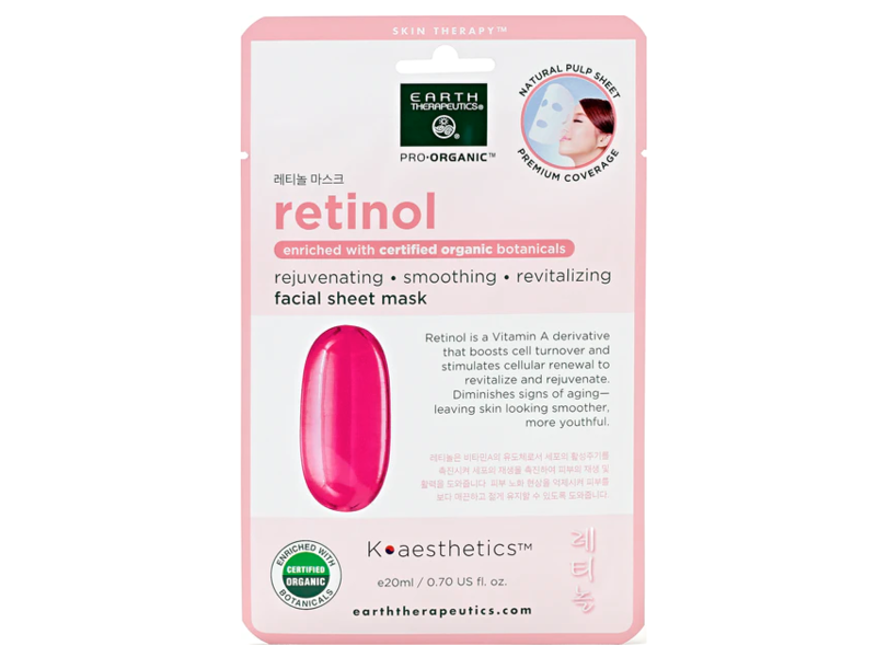 Earth Therapeutics Facial Sheet Mask, Retinol, Organic Botanicals, 0.70 fl oz/20 mL, 5 Pack