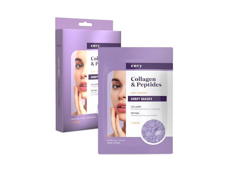 Envy Anti-Aging Sheet Face Mask, Collagen & Peptides, 3.7 oz/105 g, 5 Count