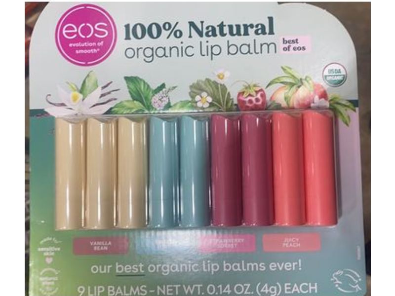 Eos 100% Natural Organic Lip Balm, Vanilla Bean, Sweet Mint, Strawberry Sorbet, Juicy Peach, 0.14 oz/4 g, Pack Of 9