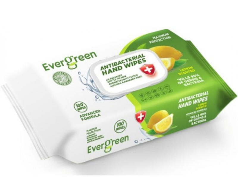 Evergreen Antibacterial Hand Wipes, Lemon Scented, 100 Count