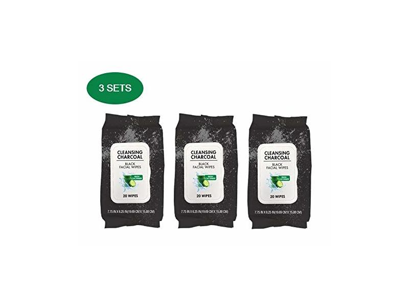 Evriholder Cleansing Charcoal Black Facial Wipes, Fresh Cucumber Scent, 60 ct