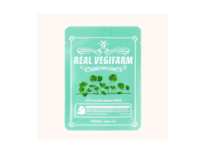 For The Skin Super Food Real Vegifarm Double Shot Mask, Centella Asiatica, 0.77 fl oz/23 mL