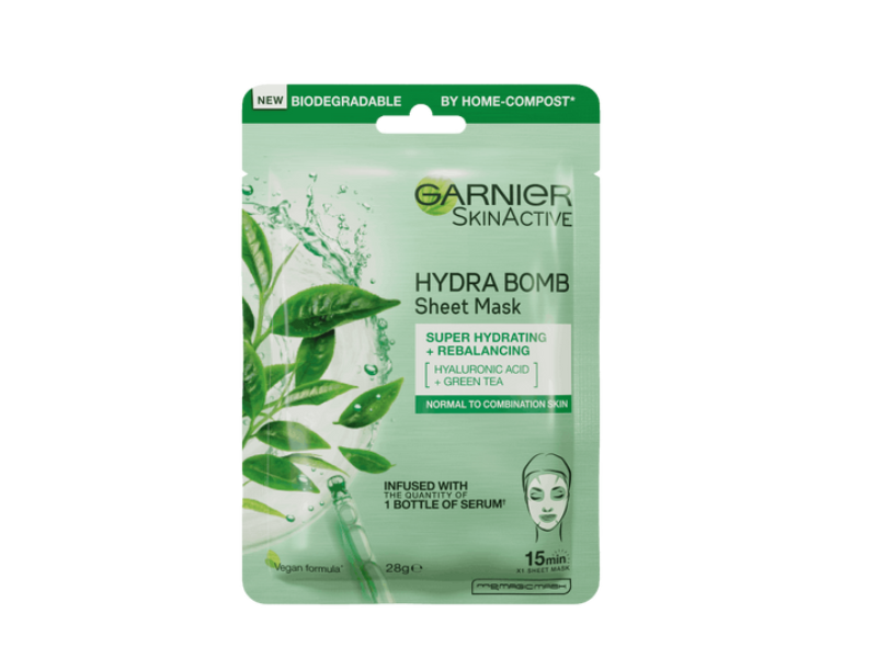 Garnier Skin Active Hydra Bomb Sheet Mask, Hyaluronic Acid & Green Tea, 28 g