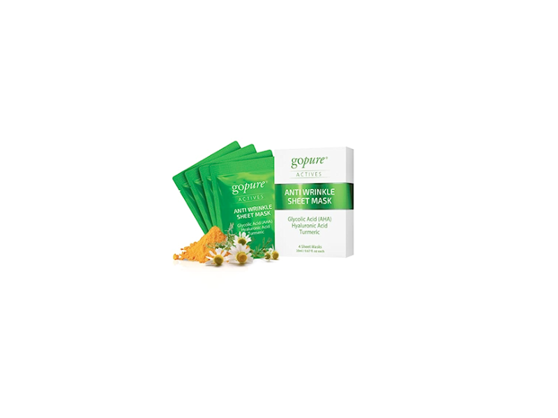 Gopure Actives Anti Wrinkle Sheet Mask, Glycolic Acid, Hyaluronic Acid, Turmeric, 0.67 fl oz/200 mL, Pack Of 4
