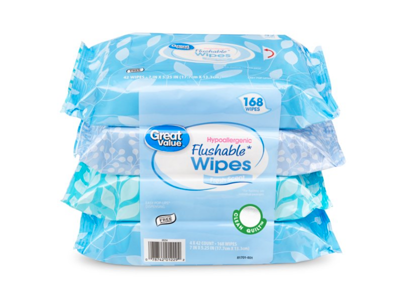 Great Value Hypoallergenic Flushable Wipes, Fresh Scent, 168 Wipes