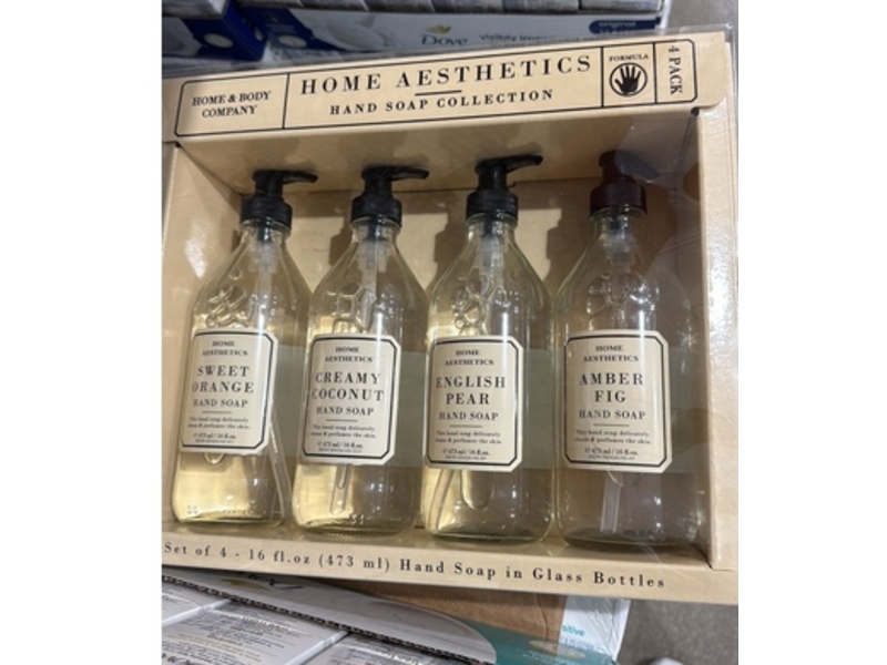 Home & Body Company Home Aesthetics Hand Soap Collection Set, Sweet Orange + Creamy Coconut + English Pear + Amber Fig
