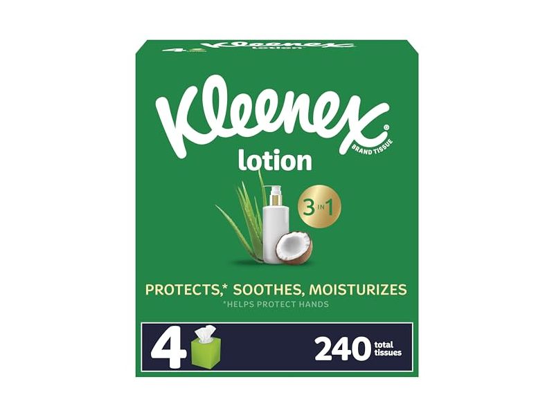Kleenex Lotion Tissues, Coconut Oil + Aloe, 60 Count, Pack Of 4
