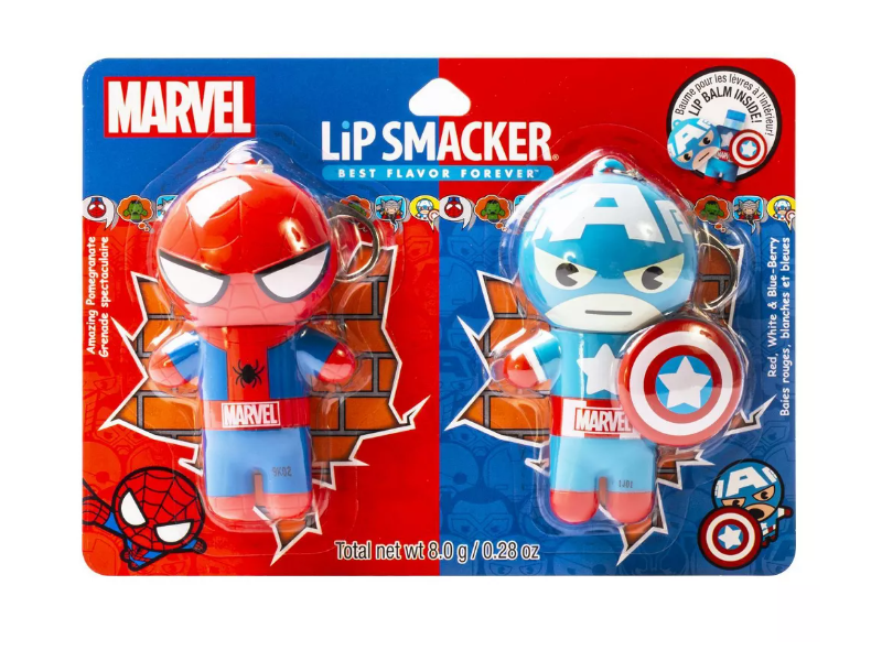 Lip Smacker Marvel Spiderman & Captain America Key Chain Lip Balm Duo, Amazing Pomegranate & Red + White + Blue Berry, 0.28 oz/8.0 g