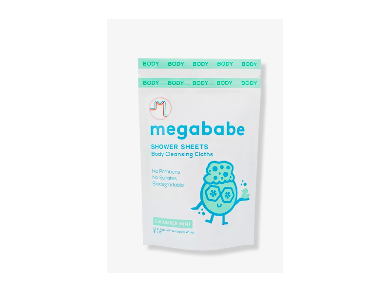 Megababe Shower Sheet Body Cleansing Cloths, Cucumber, Mint, 10 Counts
