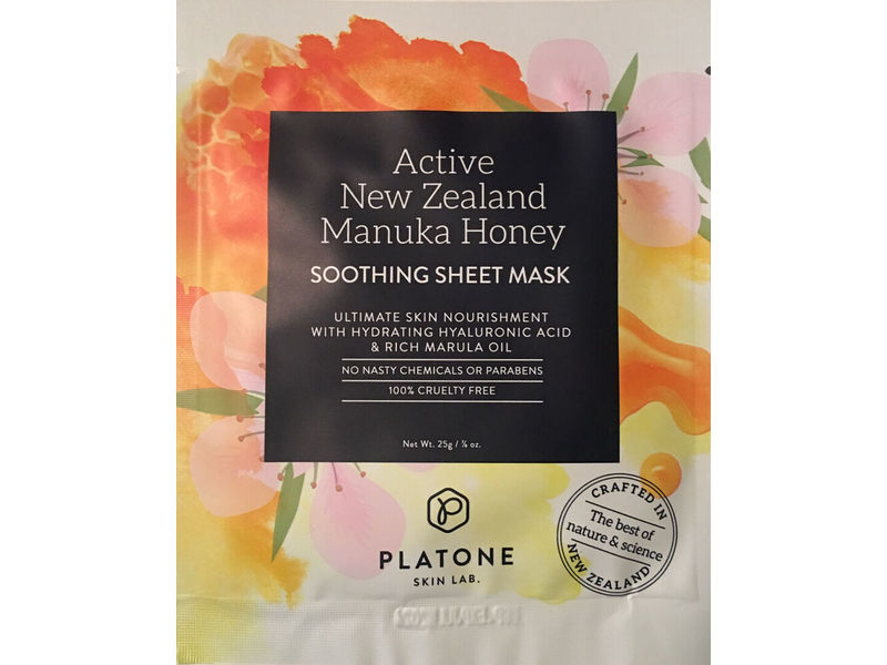 Platone Soothing Sheet Mask, Active New Zealand Manuka Honey, 0.5 oz/25 g, 5 Count