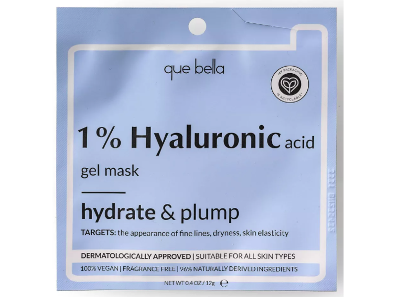 Que Bella 1% Hyaluronic Acid Gel Mask, Hydrate & Plump, 0.4 oz/12 g