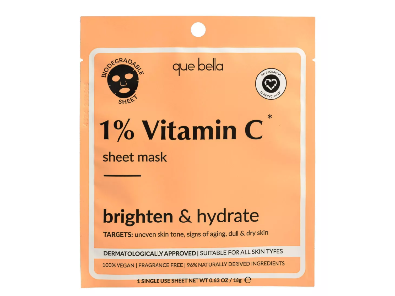 Que Bella 1% Vitamin C Sheet Mask, 0.63 oz/18 g