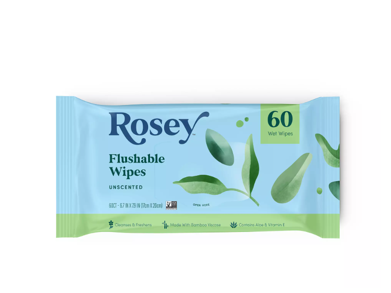 Rosey Flushable Wipes, Unscented, 60 Count