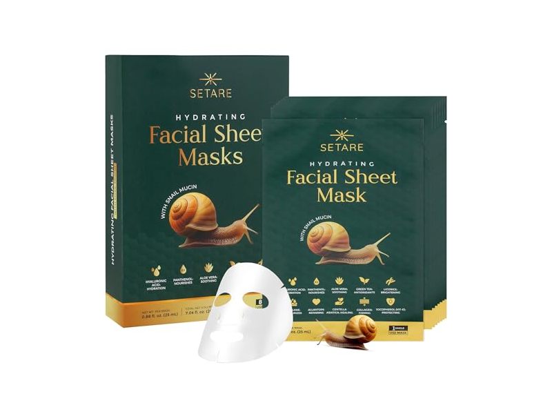 Setare Hydrating Facial Sheet Masks, Snail Mucin, 0.88 fl oz/25 mL, 8 Count