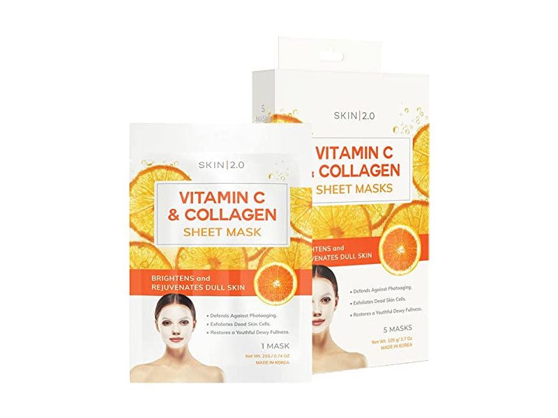 Skin 2.0 Sheet Face Mask, Vitamin C & Collagen, 3.7 oz/105 g, 5 Count