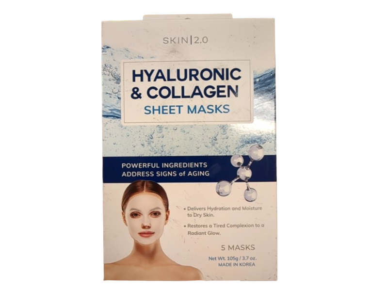 Skin 2.0 Sheet Masks, Hyaluronic & Collagen, 3.7 oz/105 g, 5 Count
