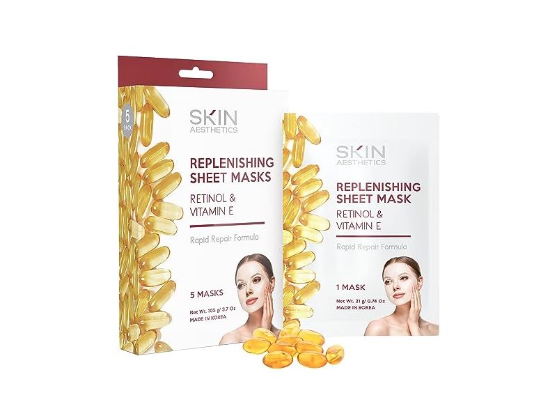 Skin Aesthetics Replenishing Sheet Face Mask, Retinol & Vitamin E, 3.7 oz/105 g, 5 Count