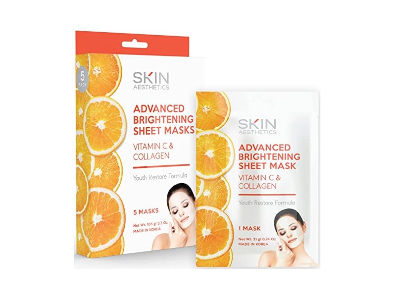 Skin Aesthetics Sheet Face Mask Advanced Brightening Sheet Mask, Vitamin C & Collagen, 0.74 oz/21 g, 5 Count