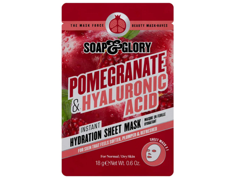 Soap & Glory Instant Hydration Sheet Mask, Pomegranate & Hyaluronic Acid, 0.6 oz/18 g