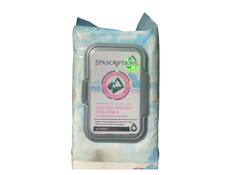 SpaScriptions Cleansing Wipes, Glacier Water + Collagen, 60 Count